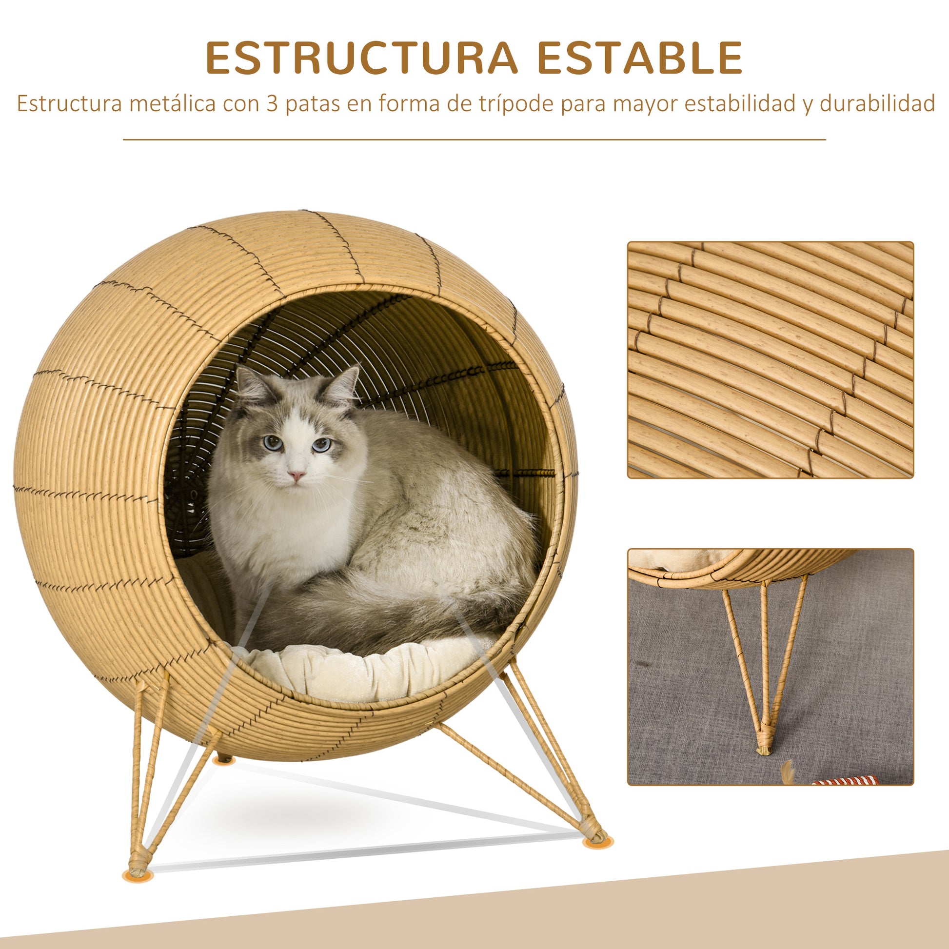 Pawhut Cama De Ratán Para Gatos Con Cojín Acolchado Y Base Trípode Elevado_5