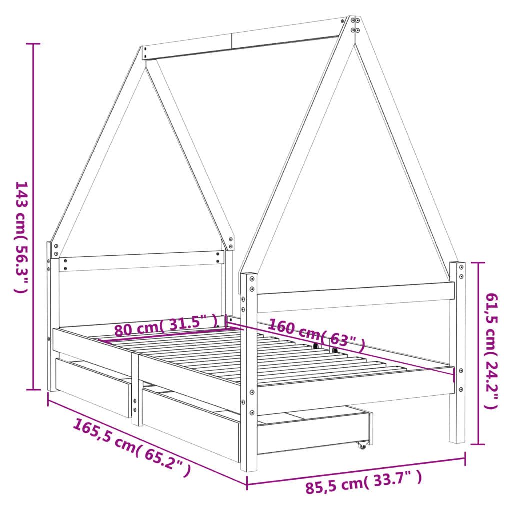 Vidaxl Estructura Cama Infantil Y Cajones Madera Pino Negro 80x160 Cm_2