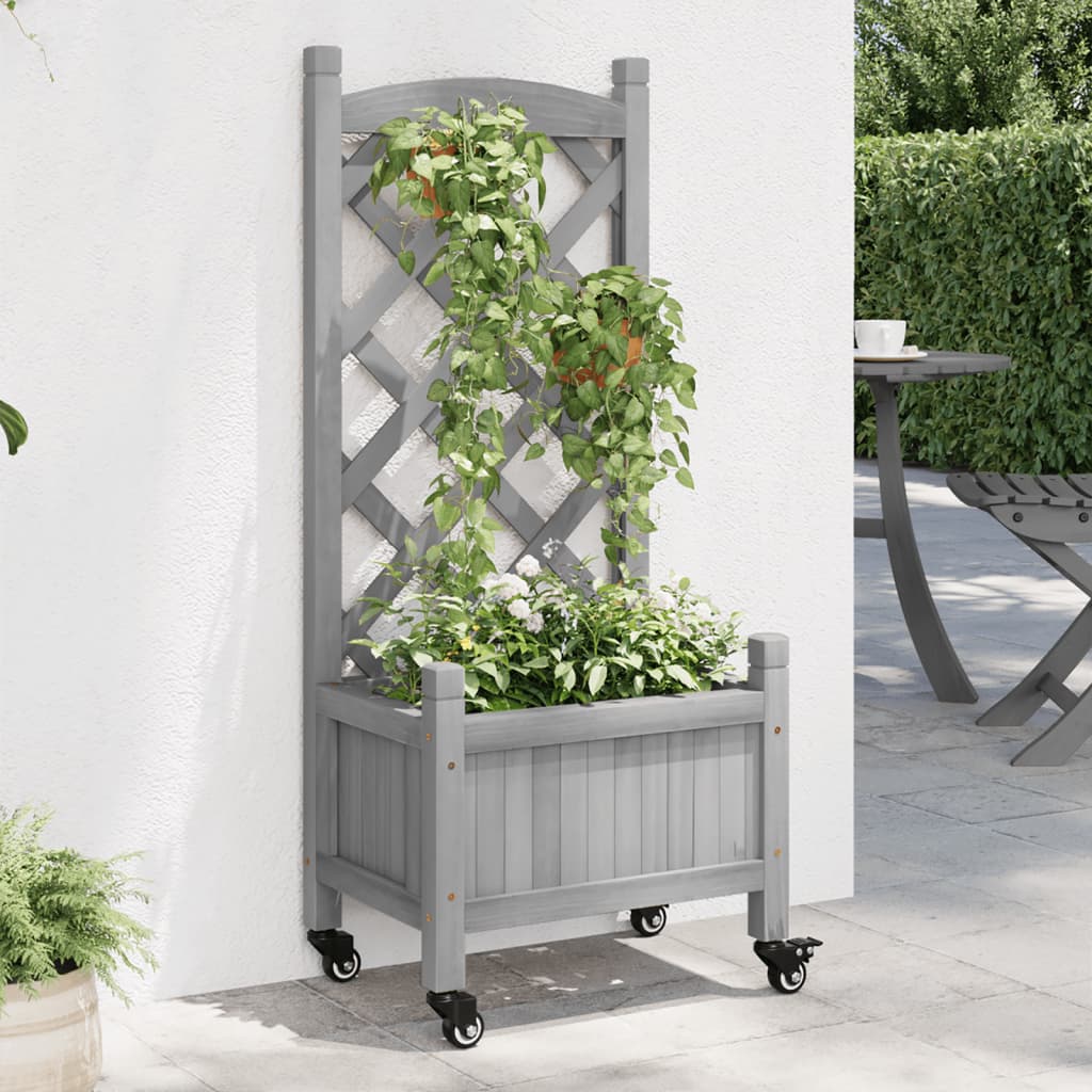 Jardinera Con Enrejado Y Ruedas Madera Maciza De Abeto Gris_2