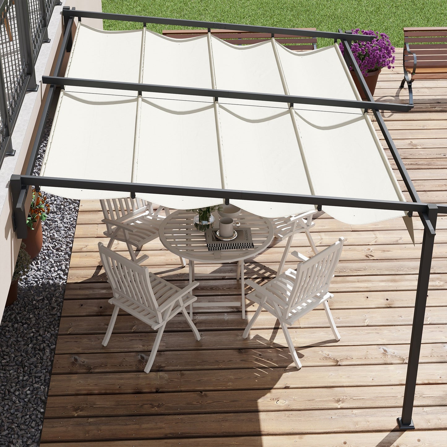 Outsunny Pérgola De Pared 4x3 M Con Techo Retráctil De Poliéster Crema Y Gris_3