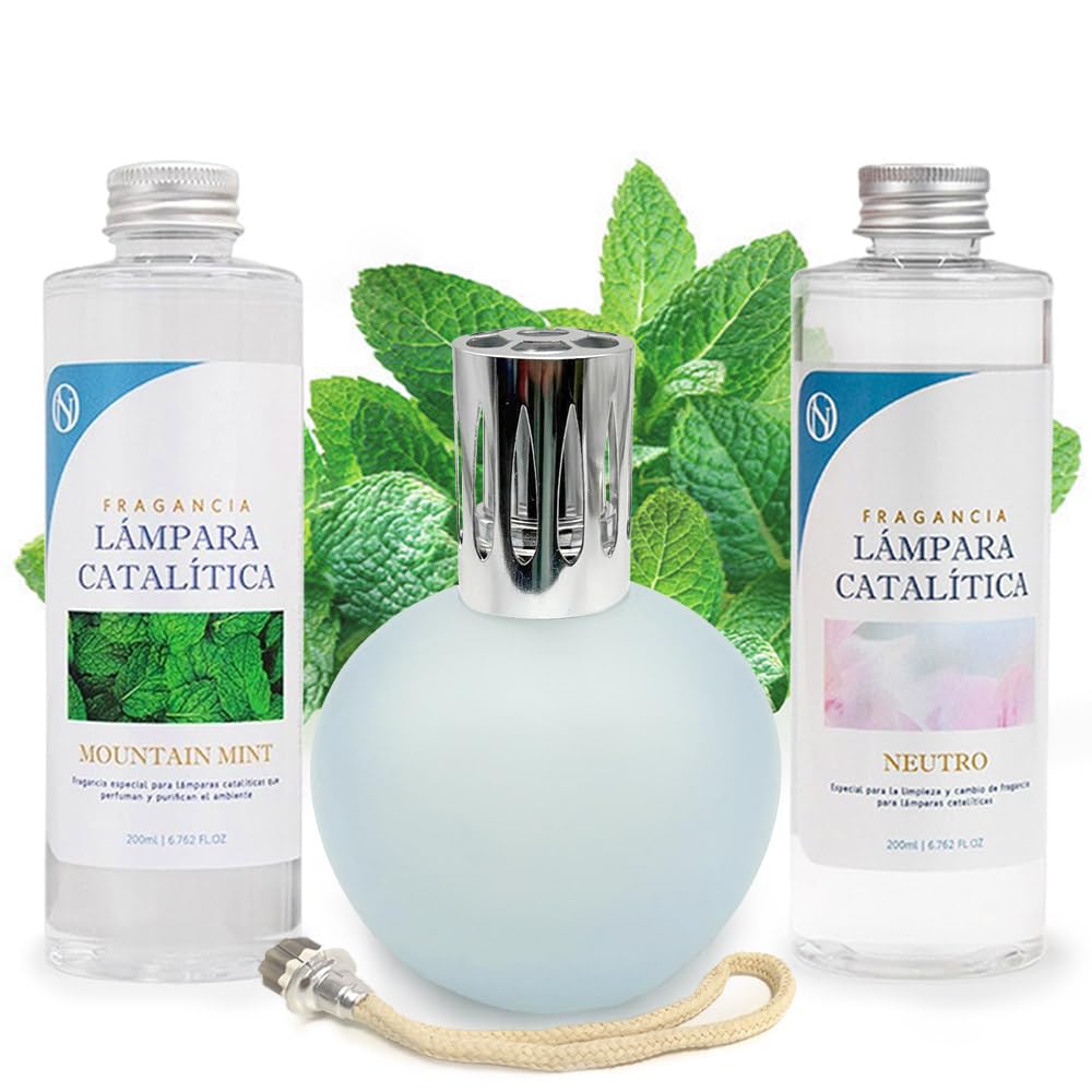 Pack Lámpara Catalítica Azul Grisáceo Mate + Fragancia Mountain Mint 200ml + Limpiador Neutro 200ml + Mecha Repuesto_0