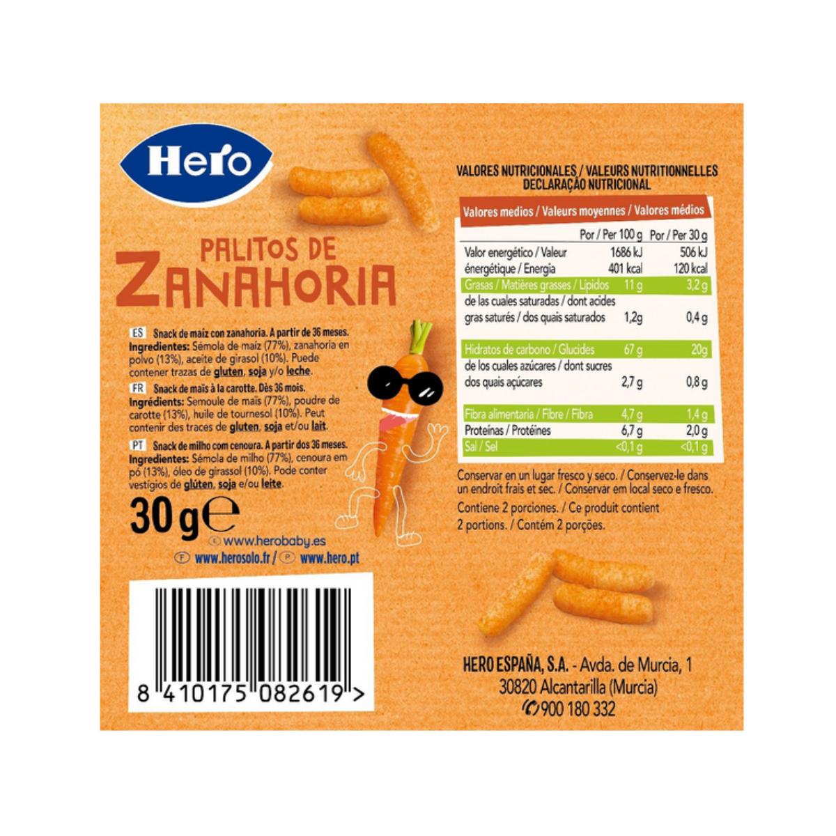 Palitos de Cenoura 30g - Hero Kids Cenoura Snacks, 30g. Herói