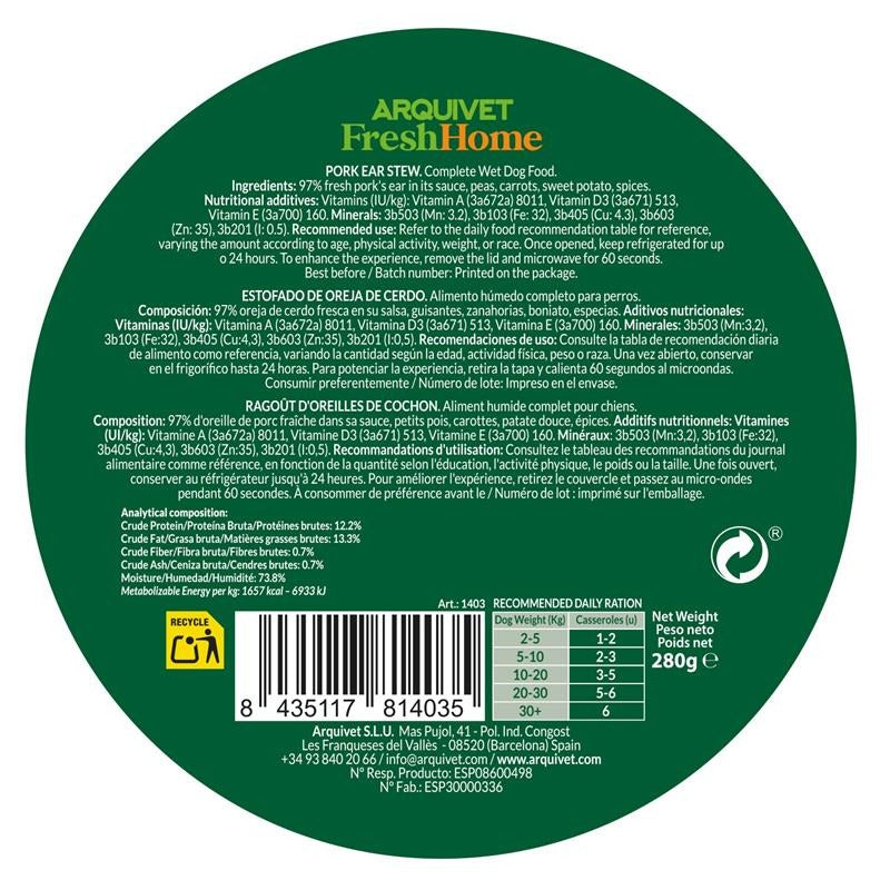 Arquivet Fresh Home Pig Ear Stew Alimento húmedo de oreja de cerdo para perros 280 g