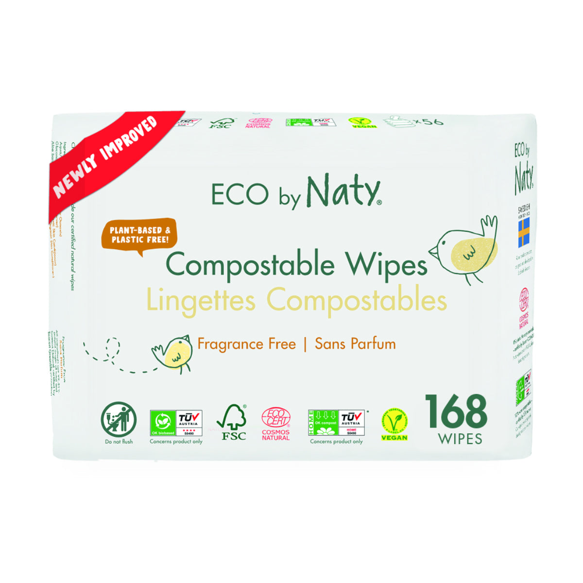 Pack de 3 lenços compostáveis ​​Naty, 3 x 56 unidades