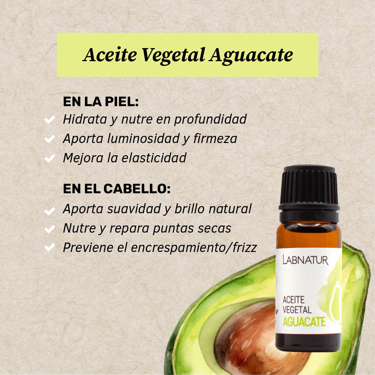 Aceite Vegetal de Aguacate 100% Puro Labnatur 10 ml | Nutre, Hidrata y Suaviza | Rostro, Cuerpo y Cabello | Vegano_1