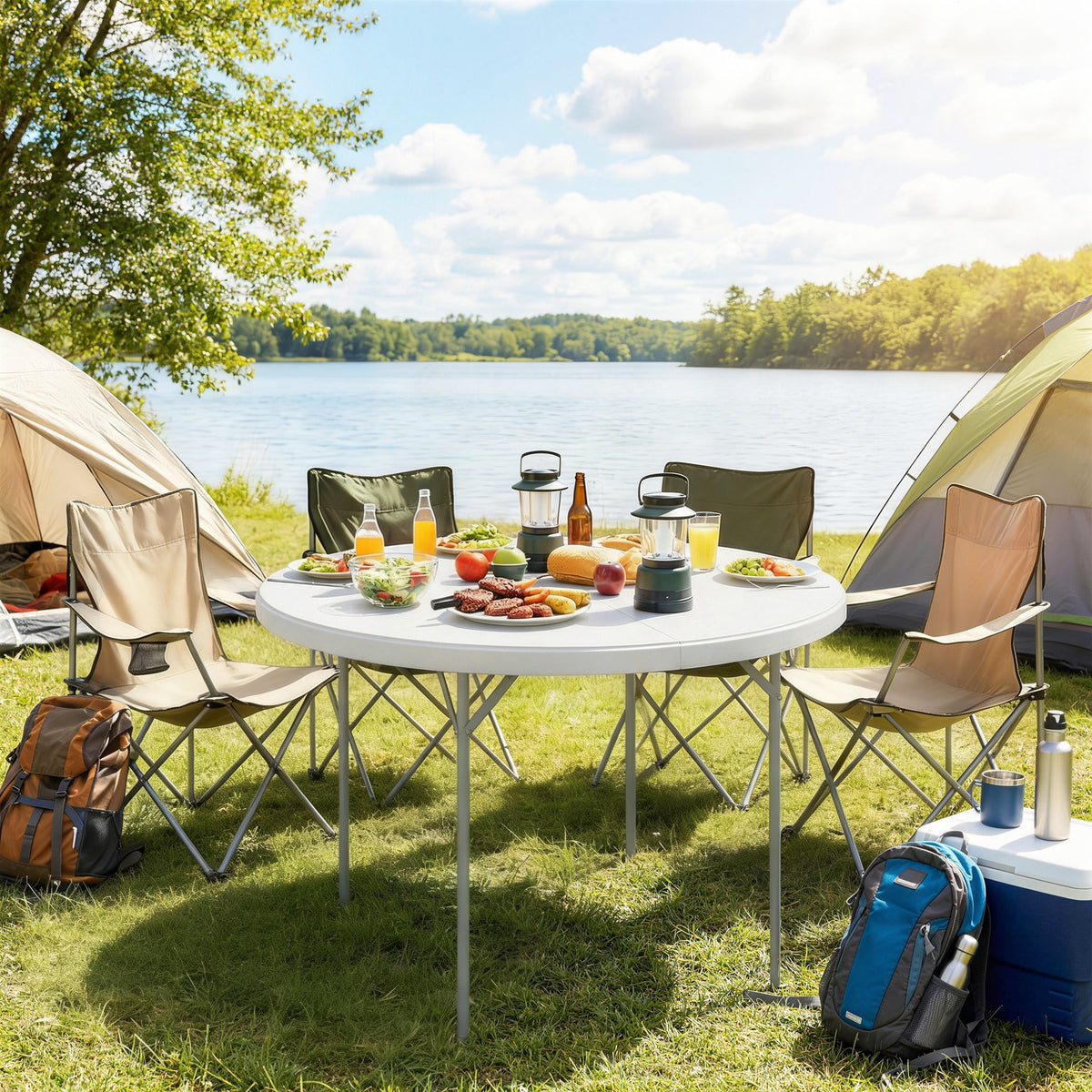 Mesa De Camping Outsunny Metal, Hdpe Blanco 120x120x74 Cm_1