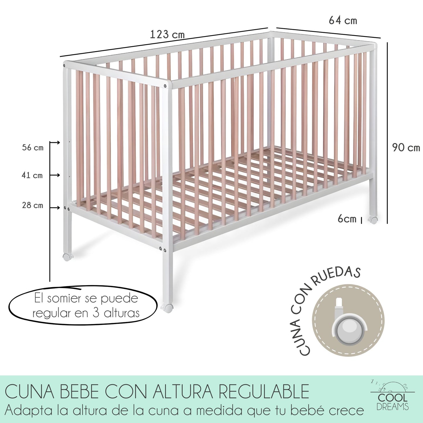 Cuna De Bebé Laponia Estilo Nórdico Natural 120x60 Cm Madera De Haya 3 Alturas De Somier Y 4 Ruedas Con Freno_2