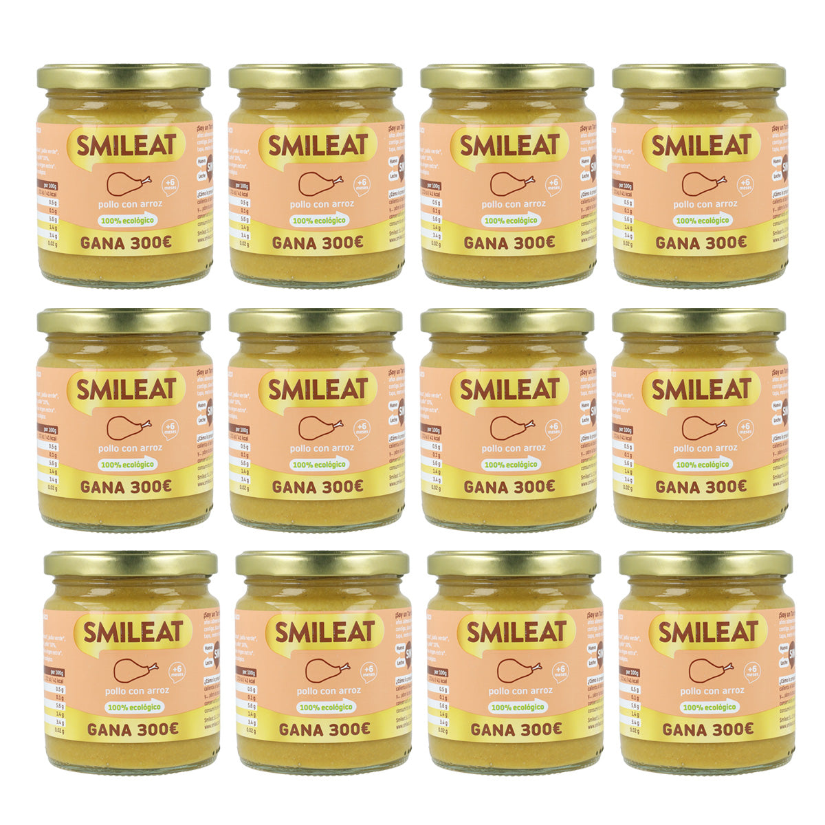 Embalagem de 12 frascos dourados de frango biológico com arroz + 6 meses Smileat, 230g