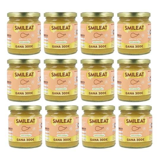 Embalagem de 12 frascos dourados de frango biológico com arroz + 6 meses Smileat, 230g