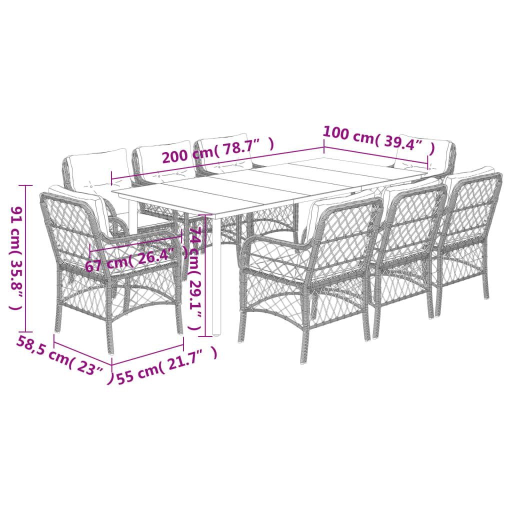 Set Comedor Jardín 9 Pzas Y Cojines Ratán Sintético Gris / Vetonek_5