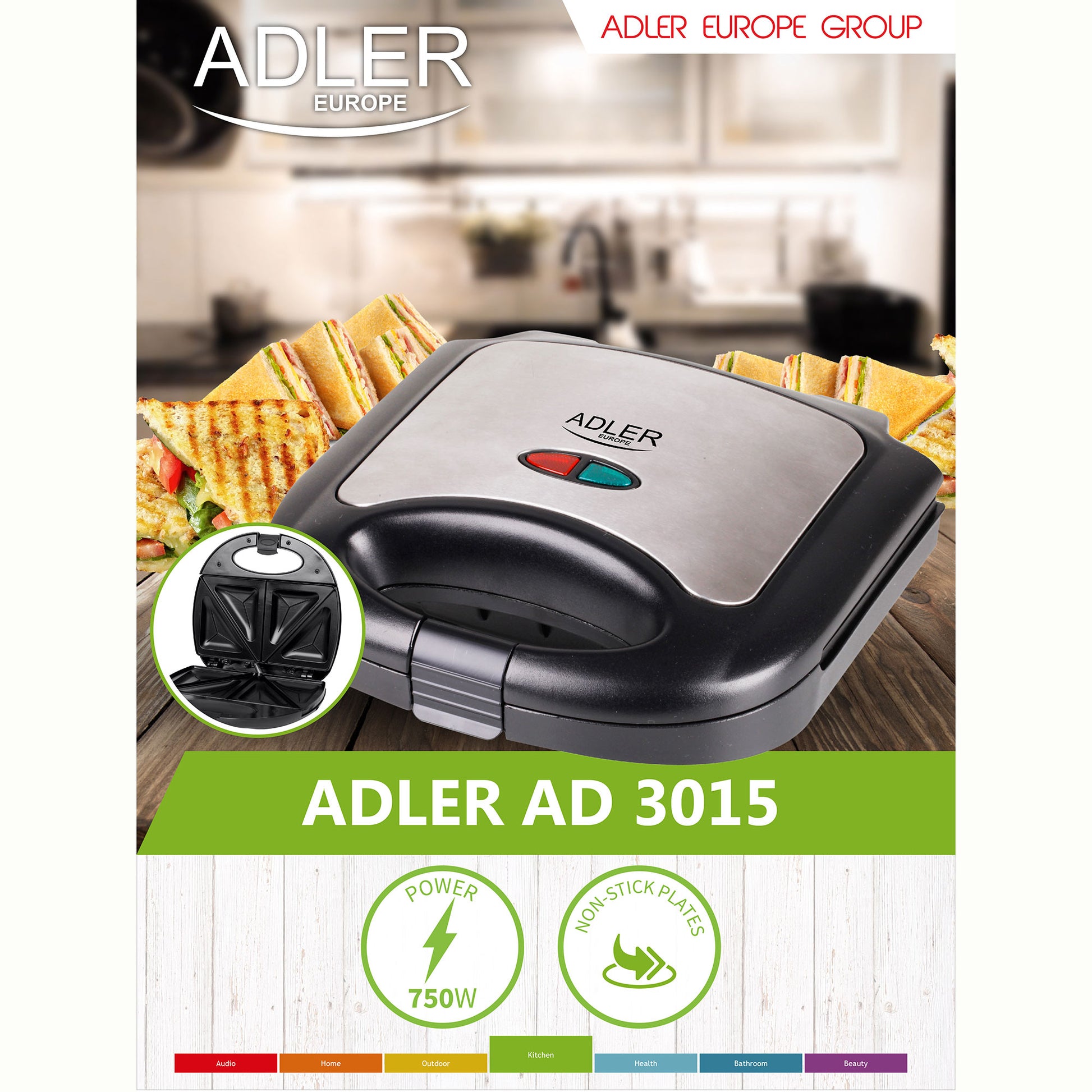 Sandwichera, 2 Sandwiches, Placas Antiadherentes, Tostado Perfecto, Acero Inoxidable, Compacta Adler Ad3015 850w_3