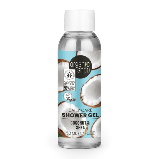 Gel de banho de cuidado diário com coco e karité da Organic Shop 50 ml