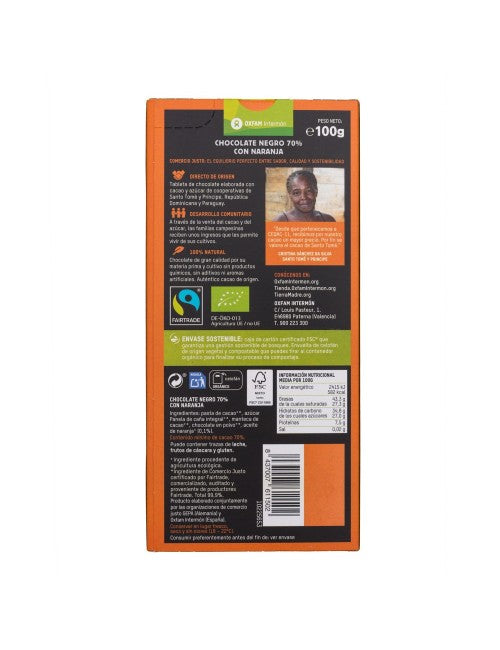 Barra de chocolate negro 70% Laranja Bio Tierra Madre 100g