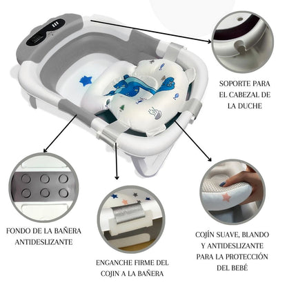 Bathby Bañera Plegable Para Bebés Recién Nacidos, Cojín Dinosaurio, Termómetro, Patas Antideslizantes (gris Dinosaurio)_3
