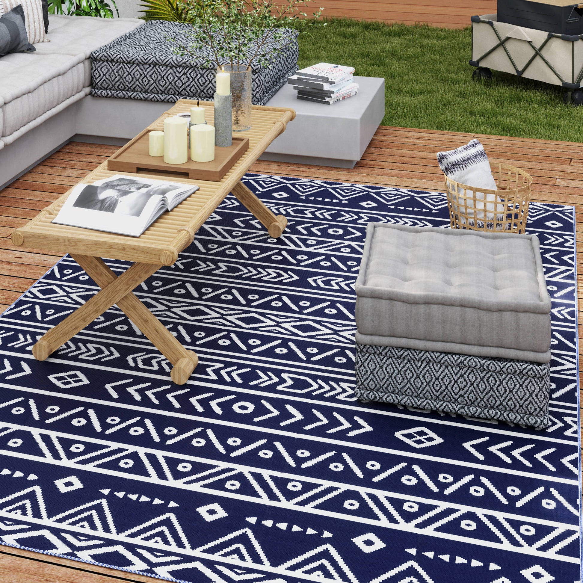 Outsunny Alfombra De Exterior 182x274 Cm Con Patrón De Geométrico Azul_4