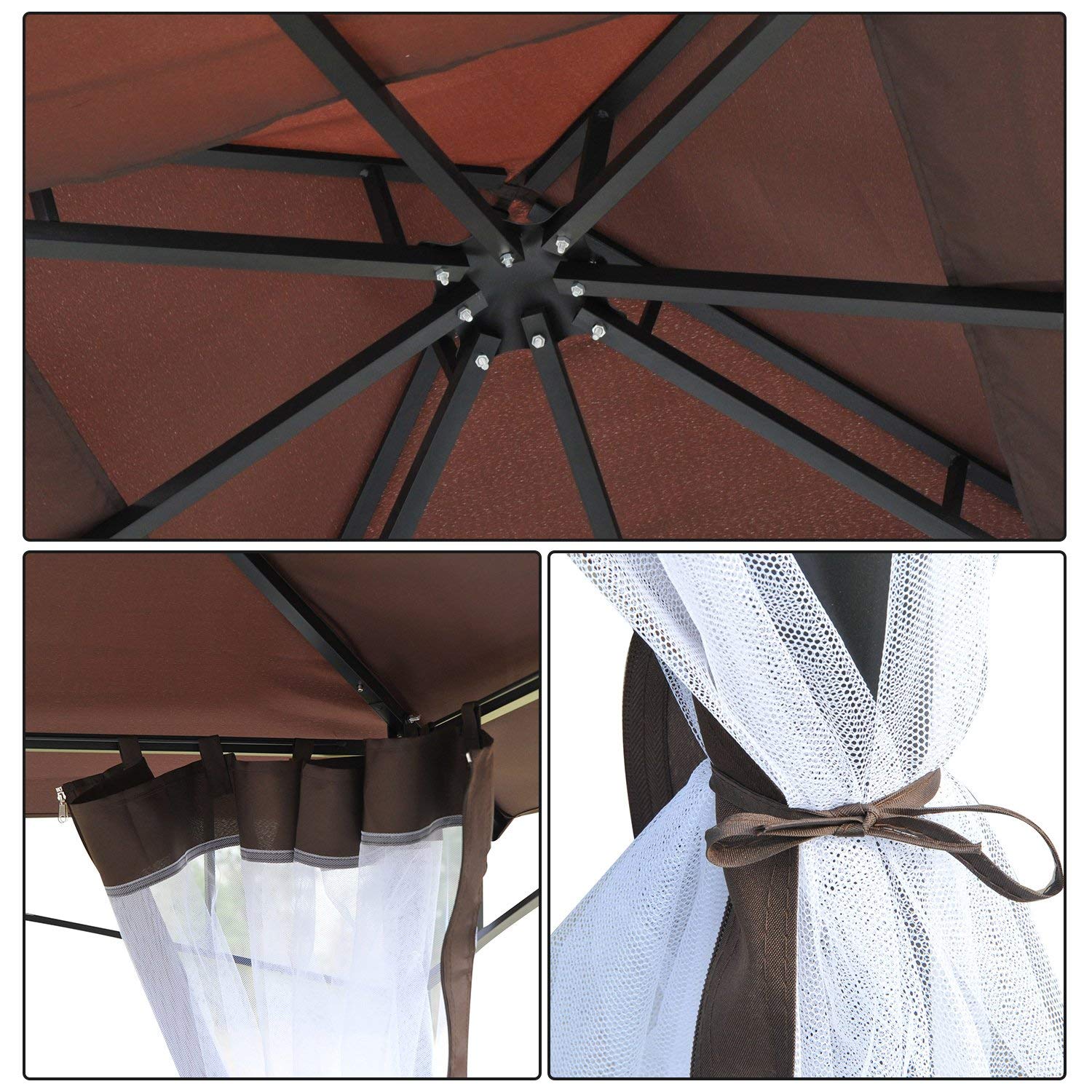 Outsunny Carpa Jardín Terraza 3x3m Cenador Con Mosquitera Gazebo Color Café_3