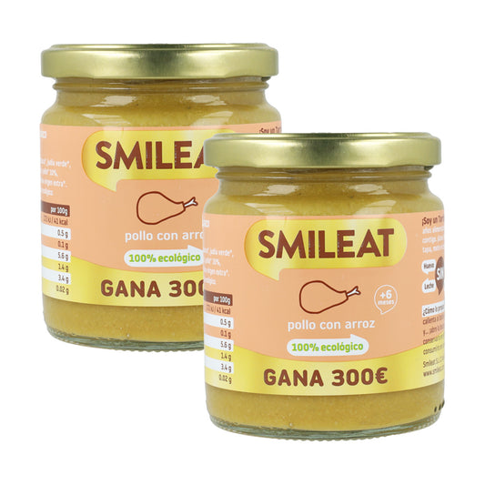 Embalagem de 2 frascos Smileat Orgânicos Dourados de Frango com Arroz +6 Meses, 230g