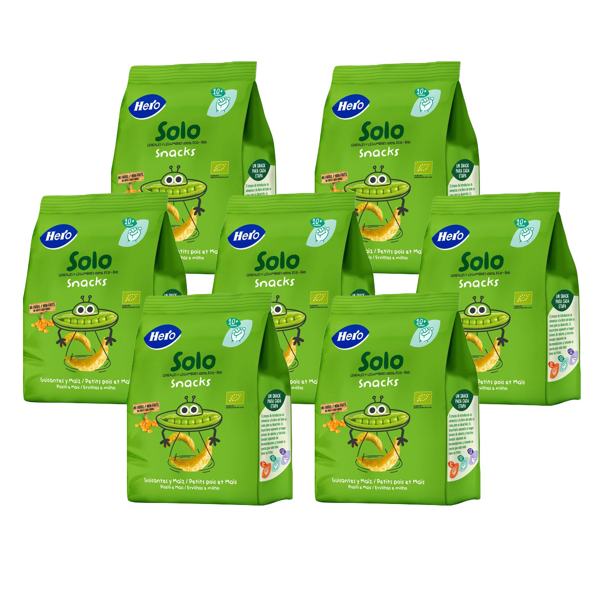 Embalagem de 7 snacks Eco-Bio de ervilhas e milho a partir dos 10 meses, saco de 40 g, Hero Solo