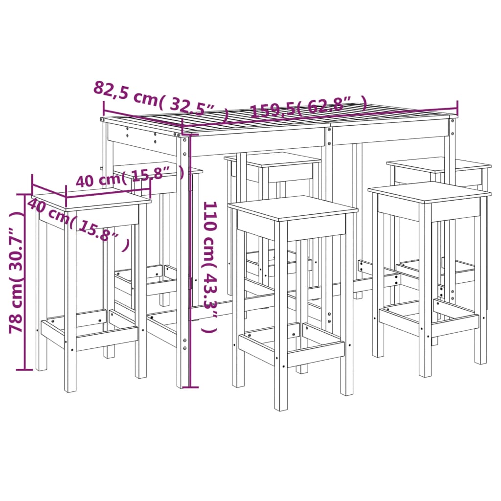 Vidaxl Set De Mesa Y Taburetes Altos Jardín 7 Piezas Madera Pino Negro_2