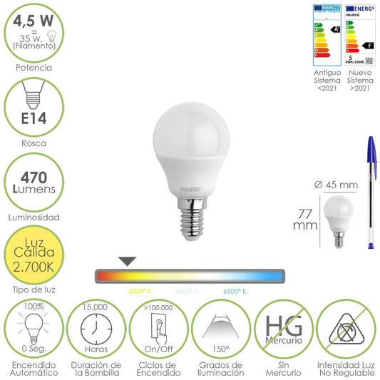Bombilla Led Esferica Rosca E14 4.5 Watt. Equivale A 35 Watt. 470 Lumenes. Luz Cálida (00º K)_0