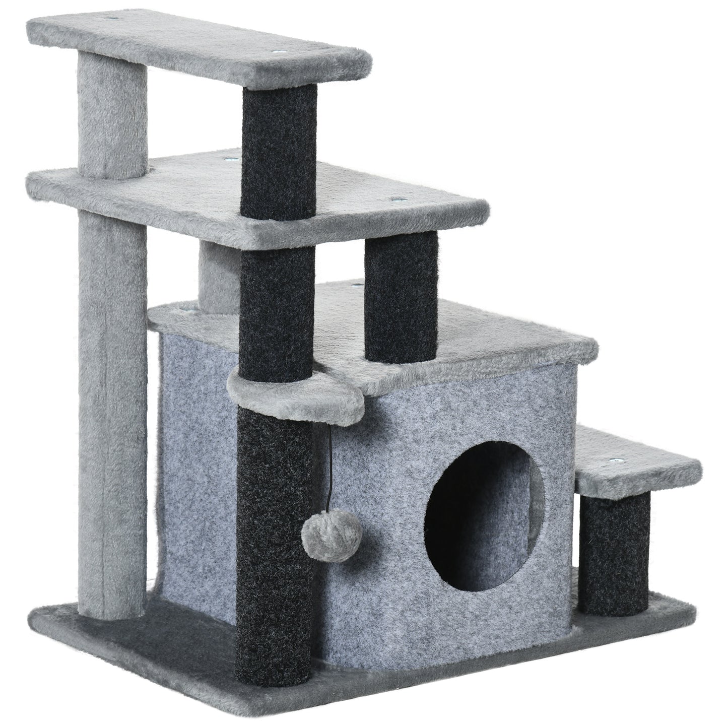 Pawhut Escalera Para Gatos 4 Peldaños Altura Ajustable Caseta Bola 60x40x66 Cm_0