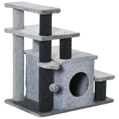Pawhut Escalera Para Gatos 4 Peldaños Altura Ajustable Caseta Bola 60x40x66 Cm_0