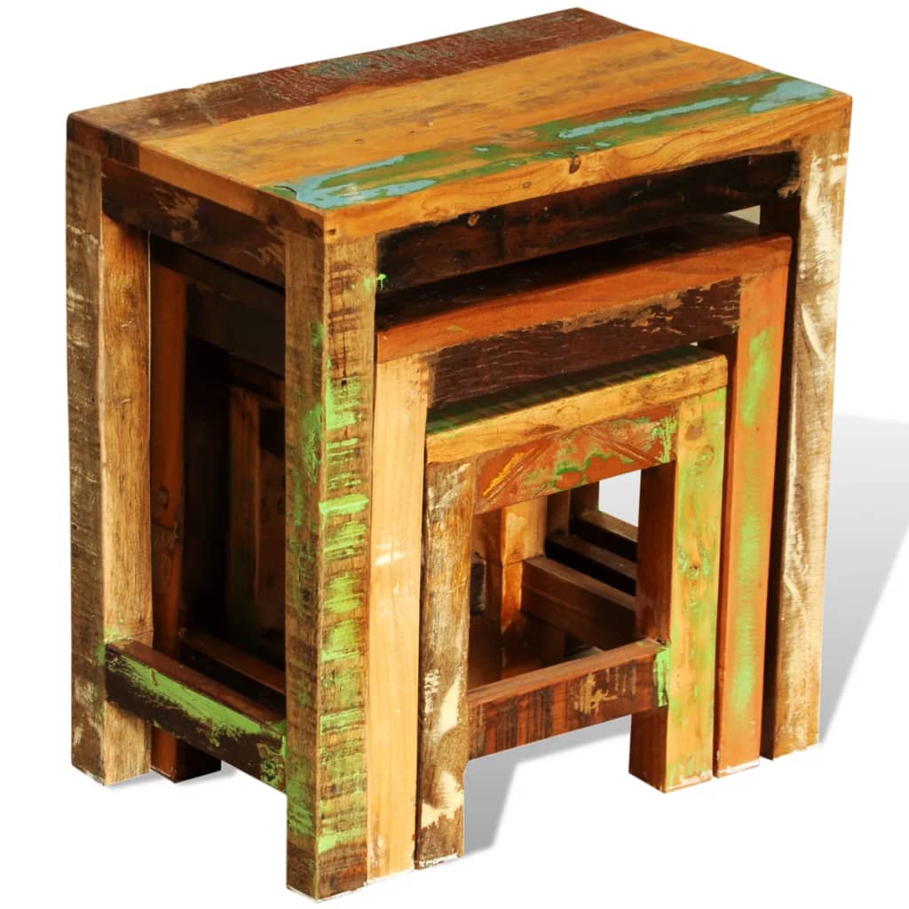 Juego De Mesas Apilables Vintage 3 Piezas Madera Reciclada_1