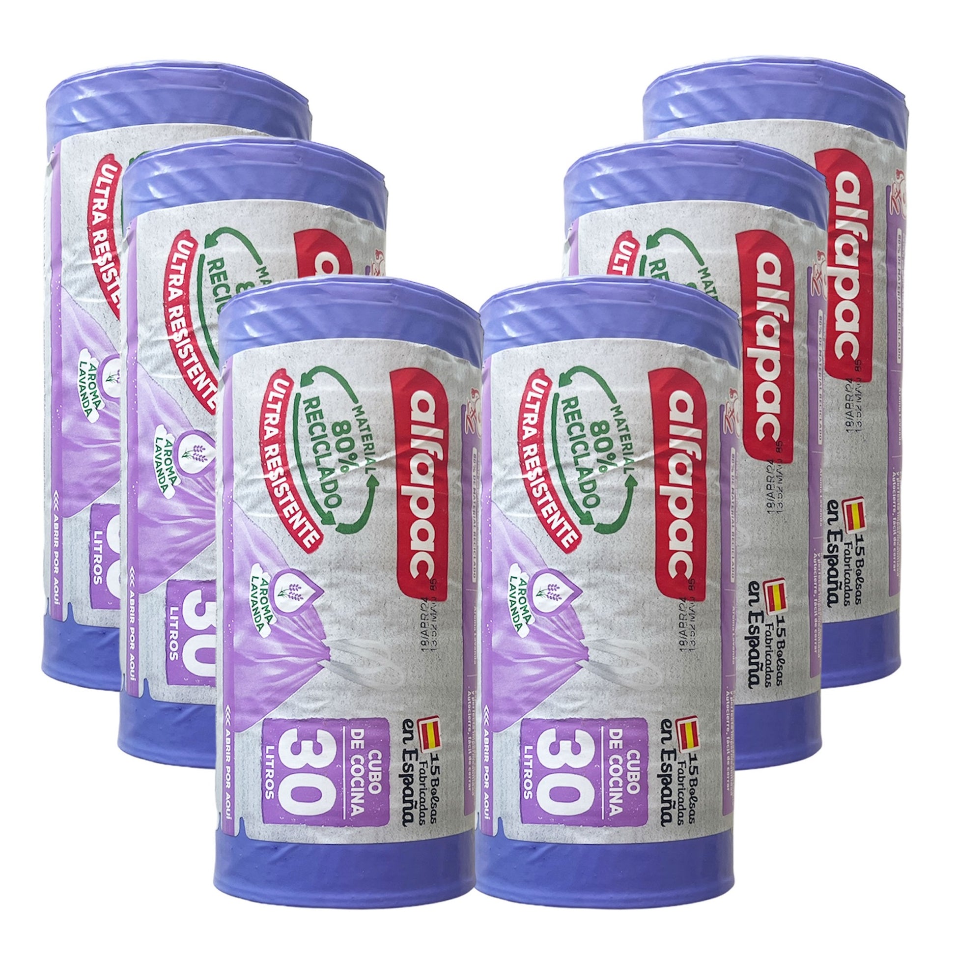 80% Reciclado 6 Rollos De 15 Bolsas De Basura  'lavanda' 30l Con Autocierre