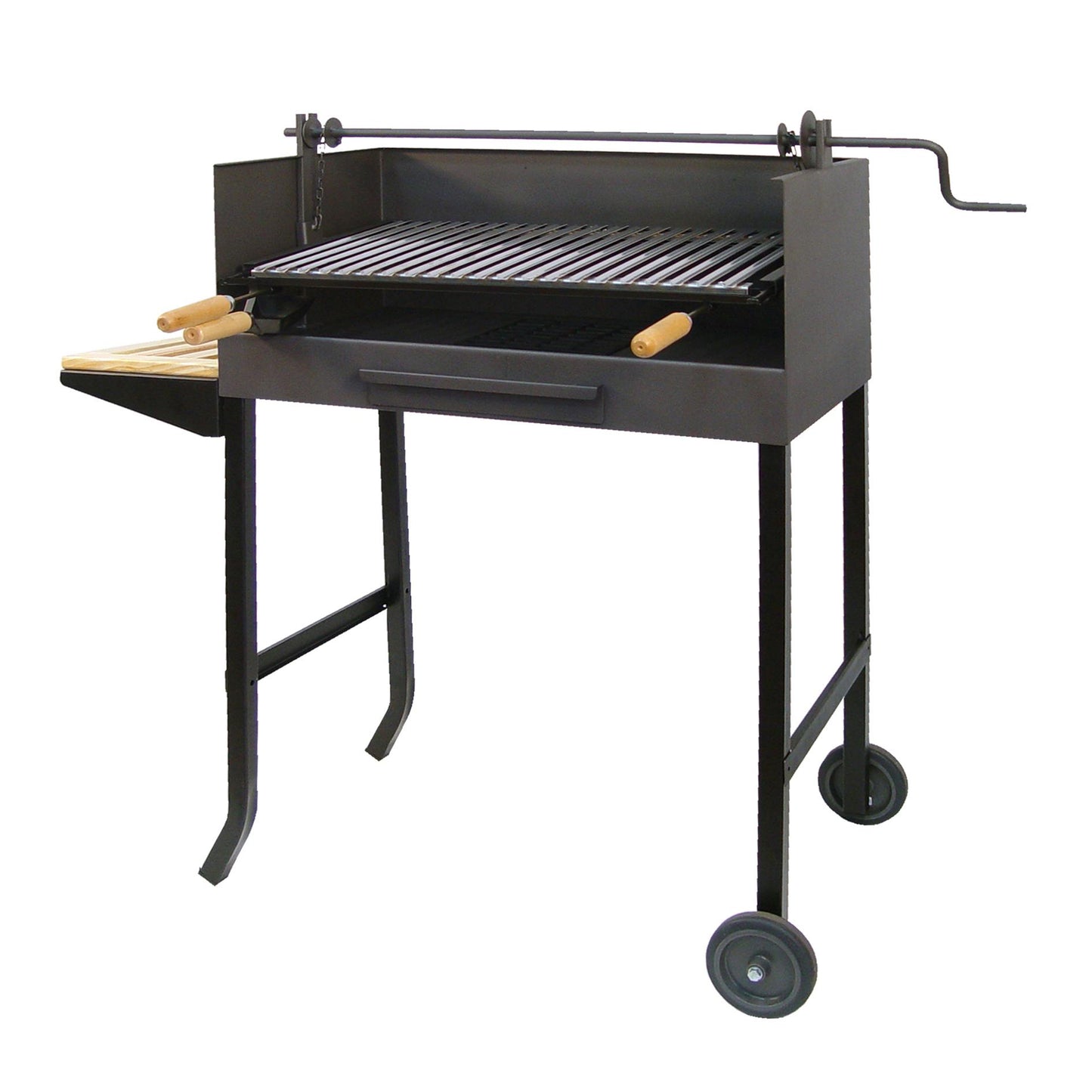 Grelhador com rodas, grelha em aço inoxidável com elevador e tabuleiro lateral