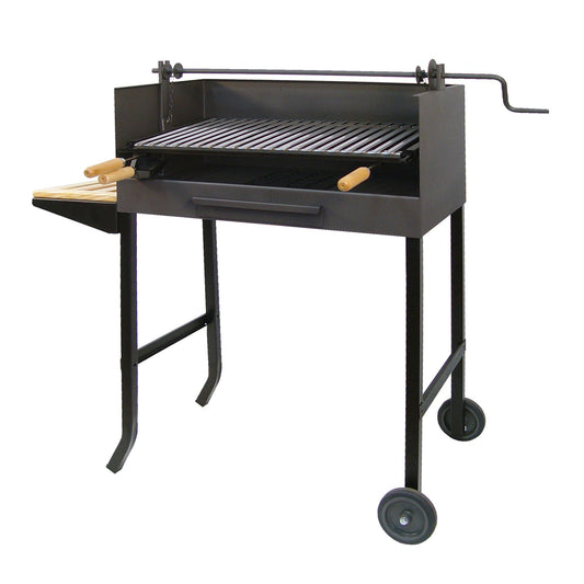 Grelhador com rodas, grelha em aço inoxidável com elevador e tabuleiro lateral