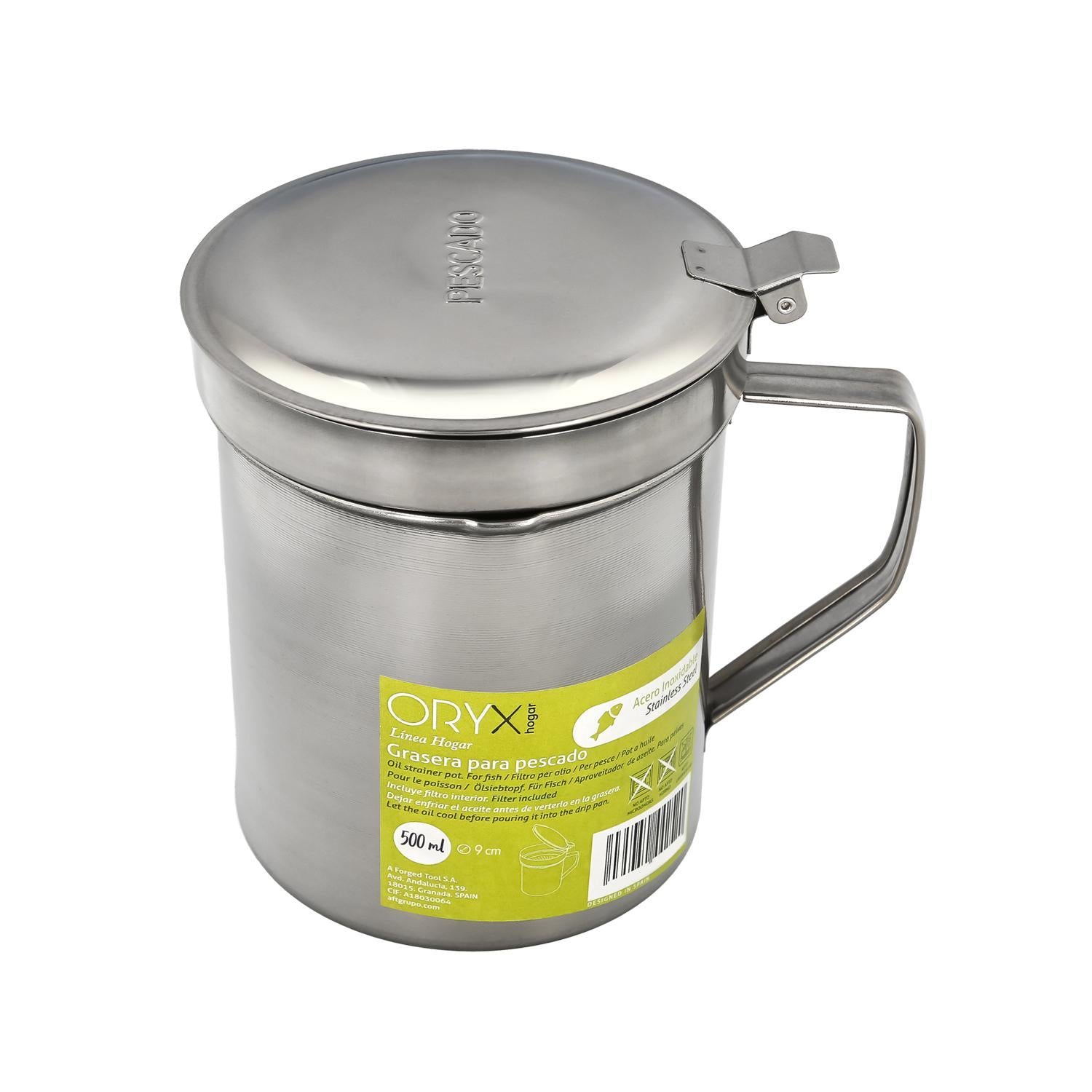 Grasera Acero Inoxidable Para Pescado Aceitera Aceite Usado 0,5 L. Con Colador Y Tapa, Recipiente Reciclaje Aceite Usado Pescado_0