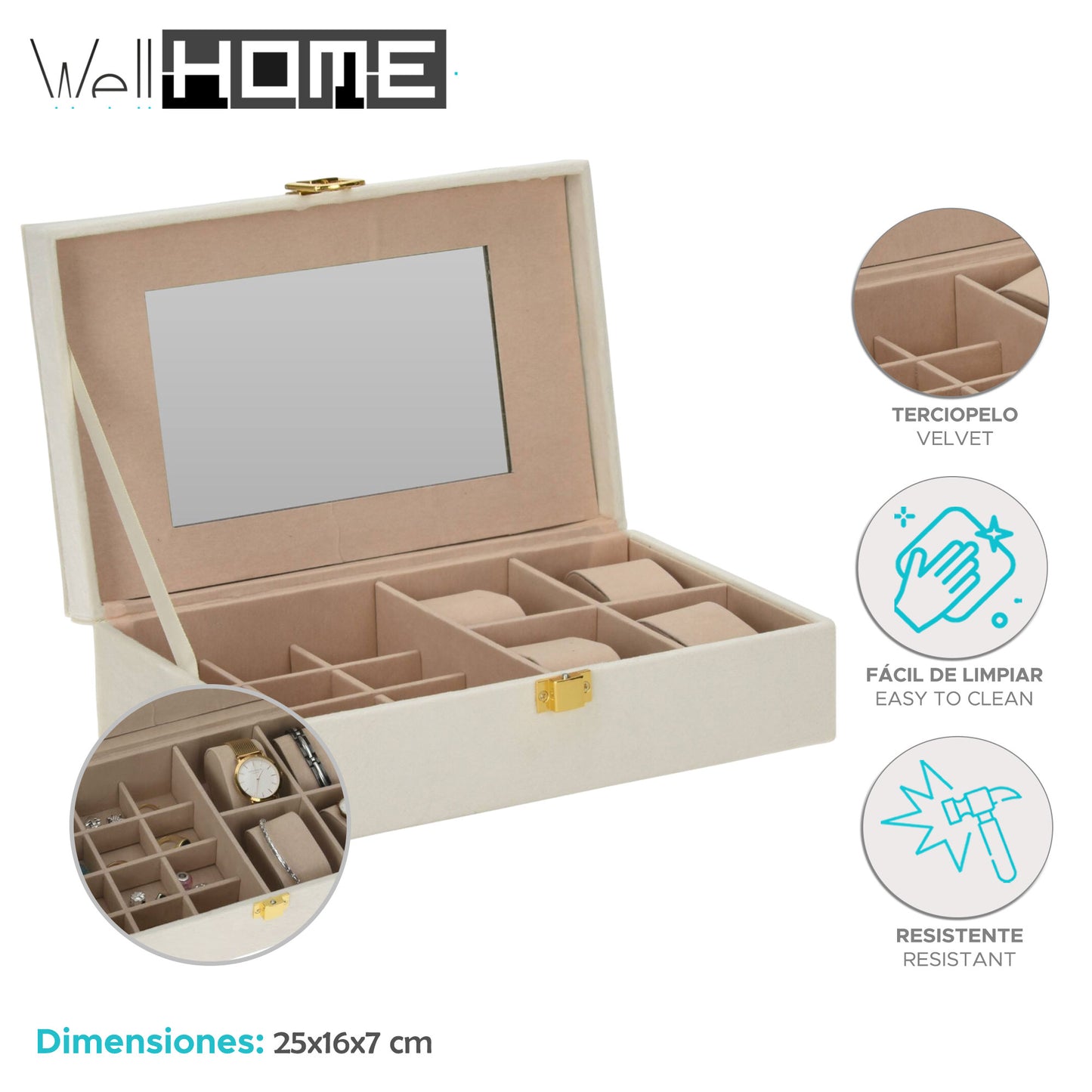 Well Home Caja Joyero Con Espejo Color Blanco 25x16x7cm_1