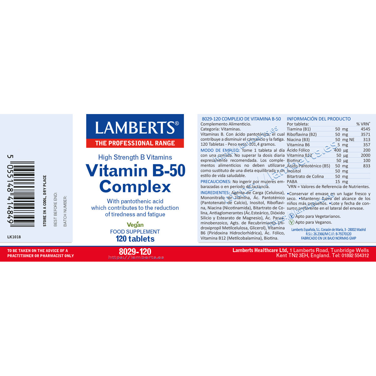 Lamberts Vitamina B-50 Complex 120 comprimidos