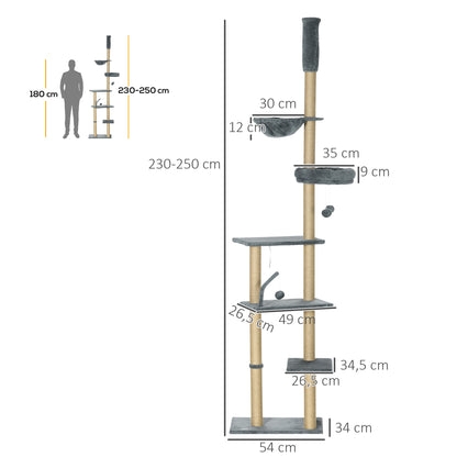 Pawhut Árbol Para Gatos De Suelo A Techo De 230-250cm Con Altura Ajustable Gris_2