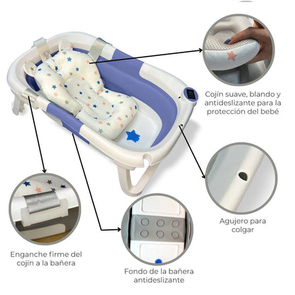 Bathby Bañera Bebé Plegable Con Termómetro, Cojín Antideslizante, Patas Antideslizantes (azul Oasis)