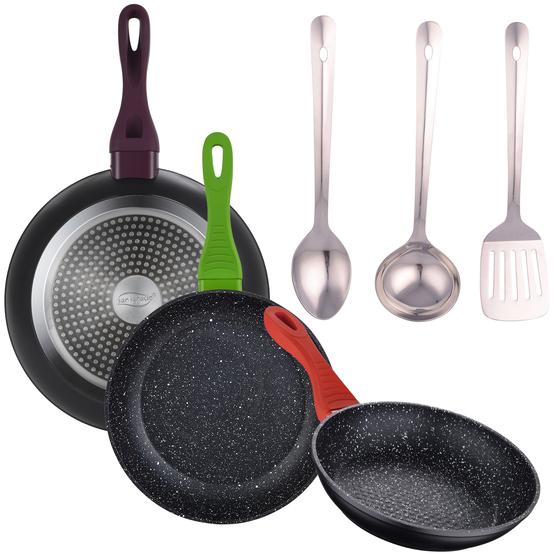 Pack De 3 Sartenes De 20/24/28cm En Aluminio Forjado + Set De 3 Utensilios De Cocina En Acero Inoxidable