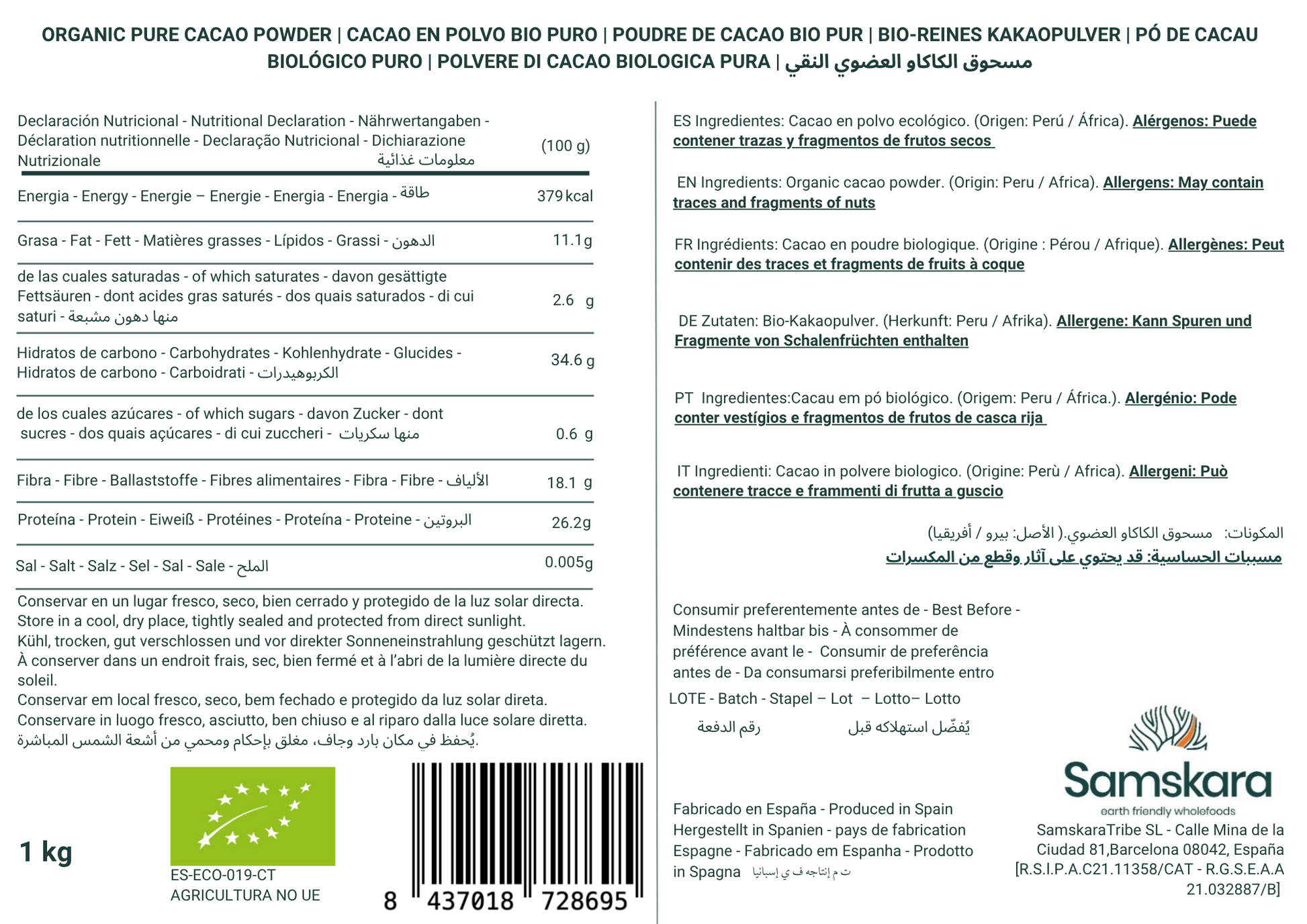 Cacao Crudo En Polvo Bio - 1kg | Cacao Puro Ecológico Vegano Para Repostería Y Bebidas, Sin Azúcares Añadidos_1