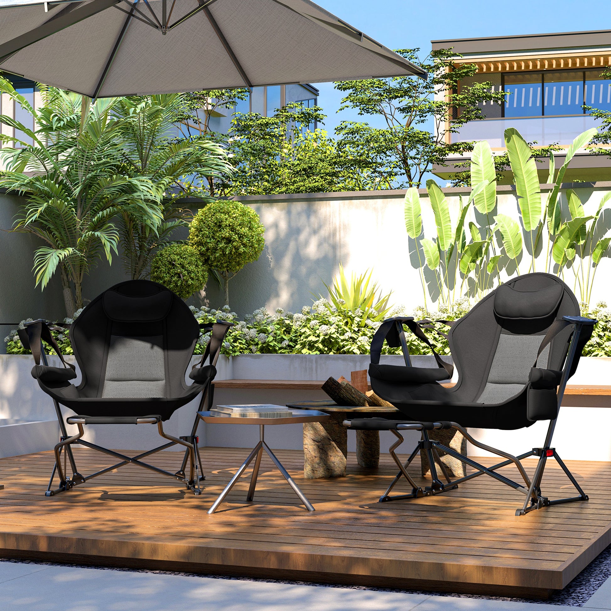 Outsunny Pack 2 Mecedora Jardín Exterior Con Reposapiés Carga 120 Kg Negro_3