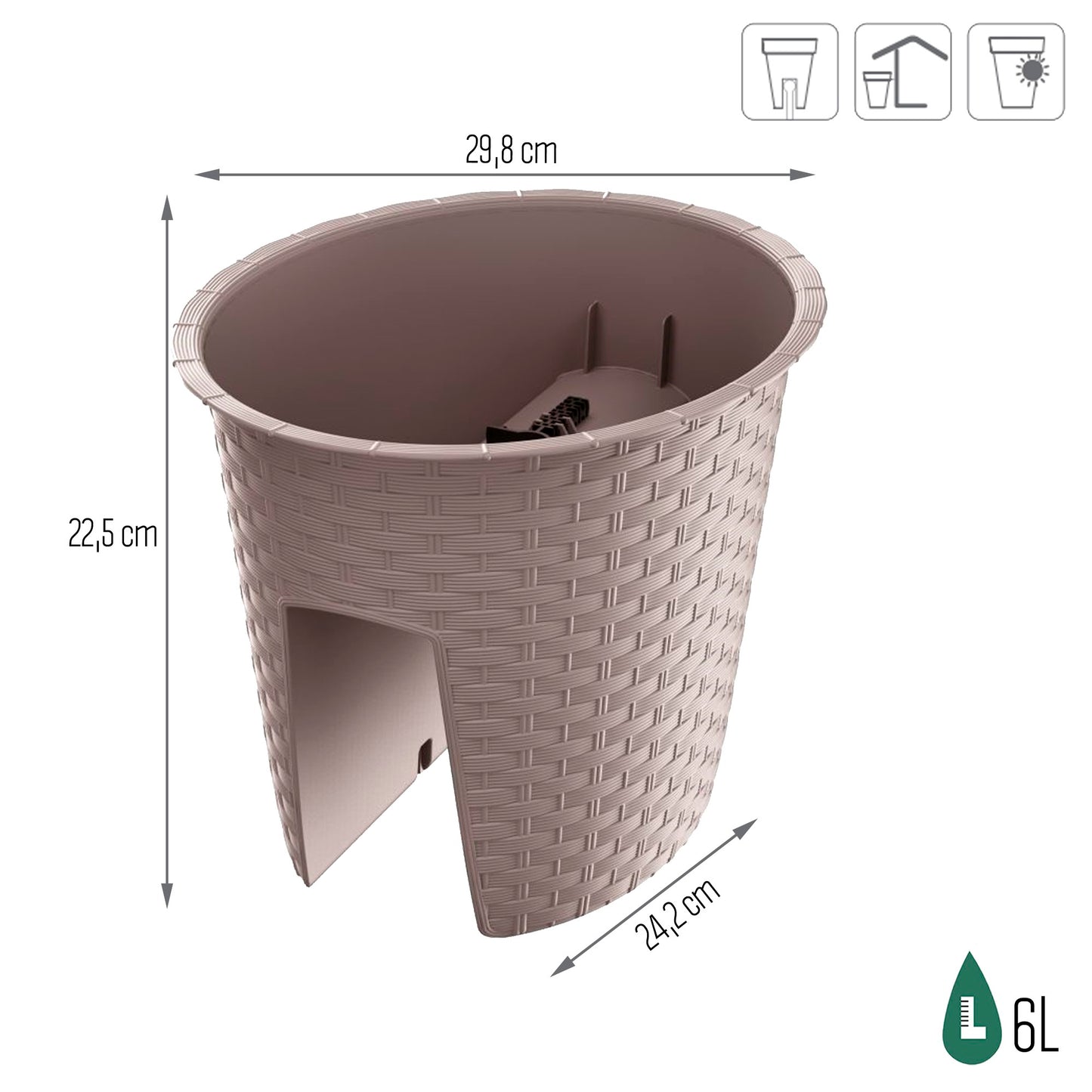 Maceta Ratolla Oval 6l., Dimensiones (mm) 298x242x225, Color Mocca