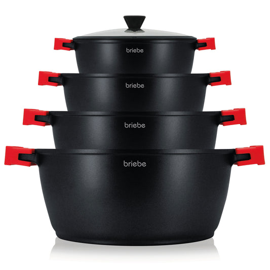 Briebe Batería Cocina Inducción Antiadherente Titanio, 8 Piezas Aluminio Fundido 4 Ollas Sin Pfoa Tapa, Blackt4, Negro_0