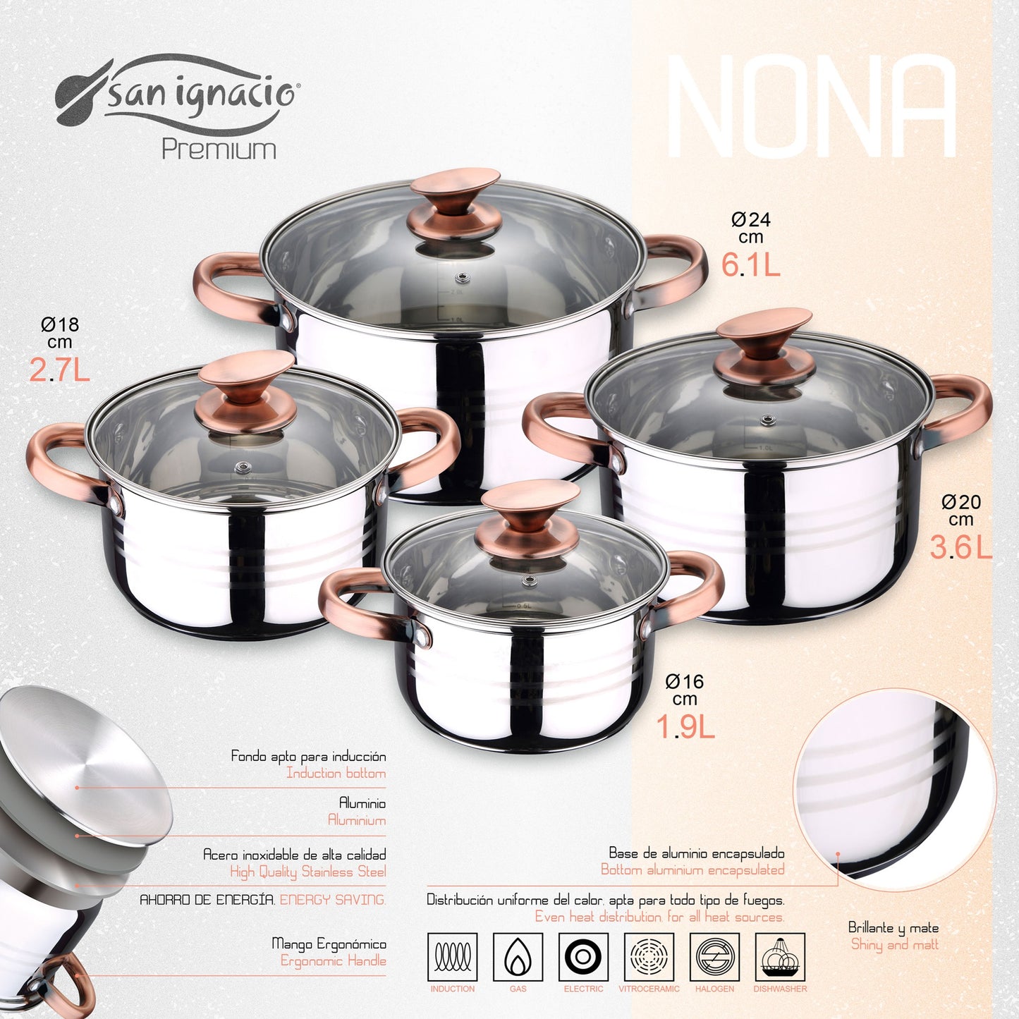 Bateria De Cocina 8 Piezas San Ignacio Premium Nona De Acero Inoxidable Con Juego De Sartenes (22/24/26 Cm) San Ignacio Daimiel En Aluminio Forjado_2