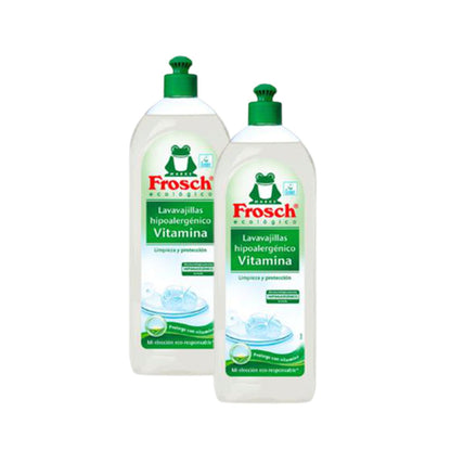 Embalagem de 2 detergentes hipoalergénicos para máquina de lavar louça Frosch de 750 ml