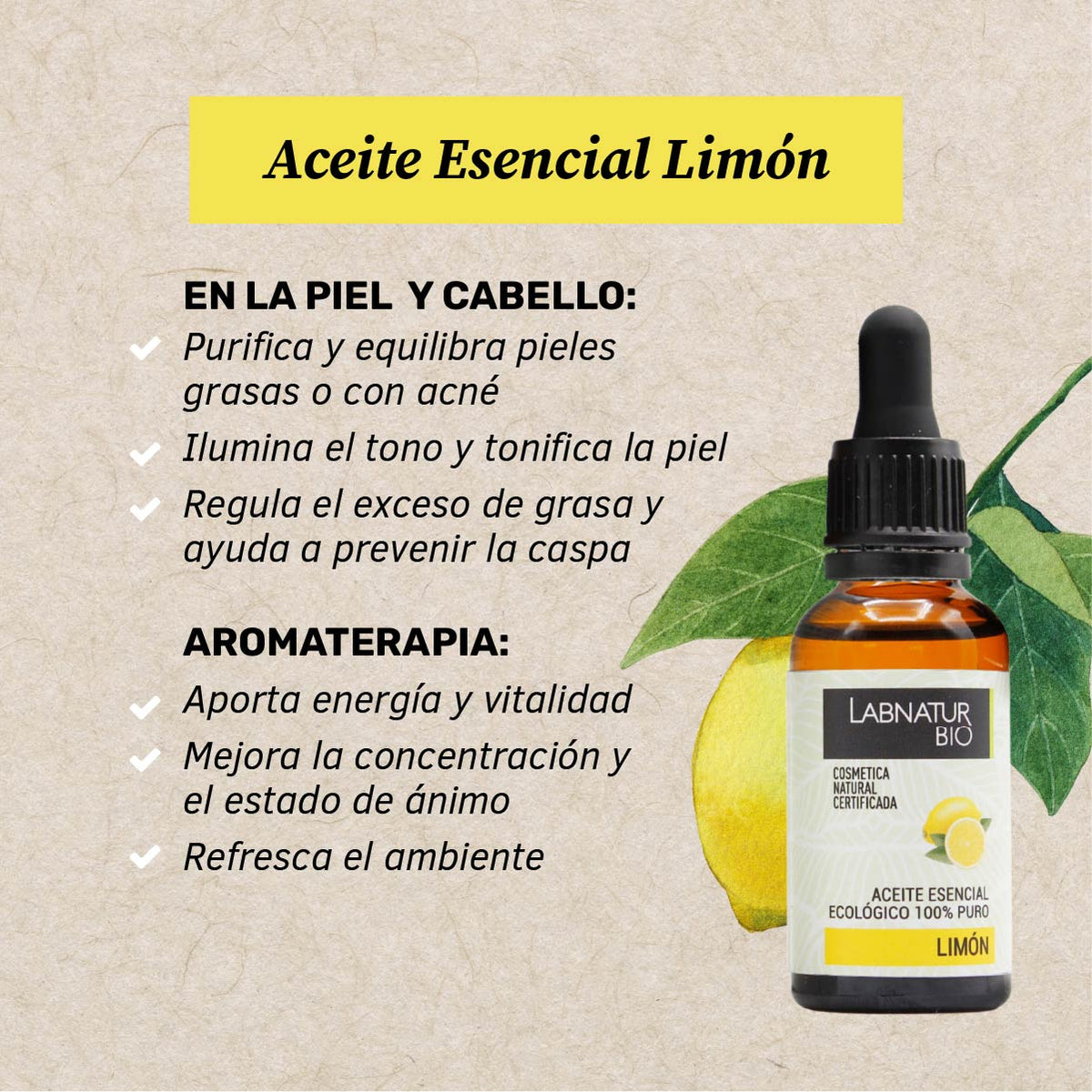 Aceite Esencial de Limón 100% Puro Labnatur Bio 30 ml | Piel Grasa, Cabello y Difusor | Purificante | Vegano_1