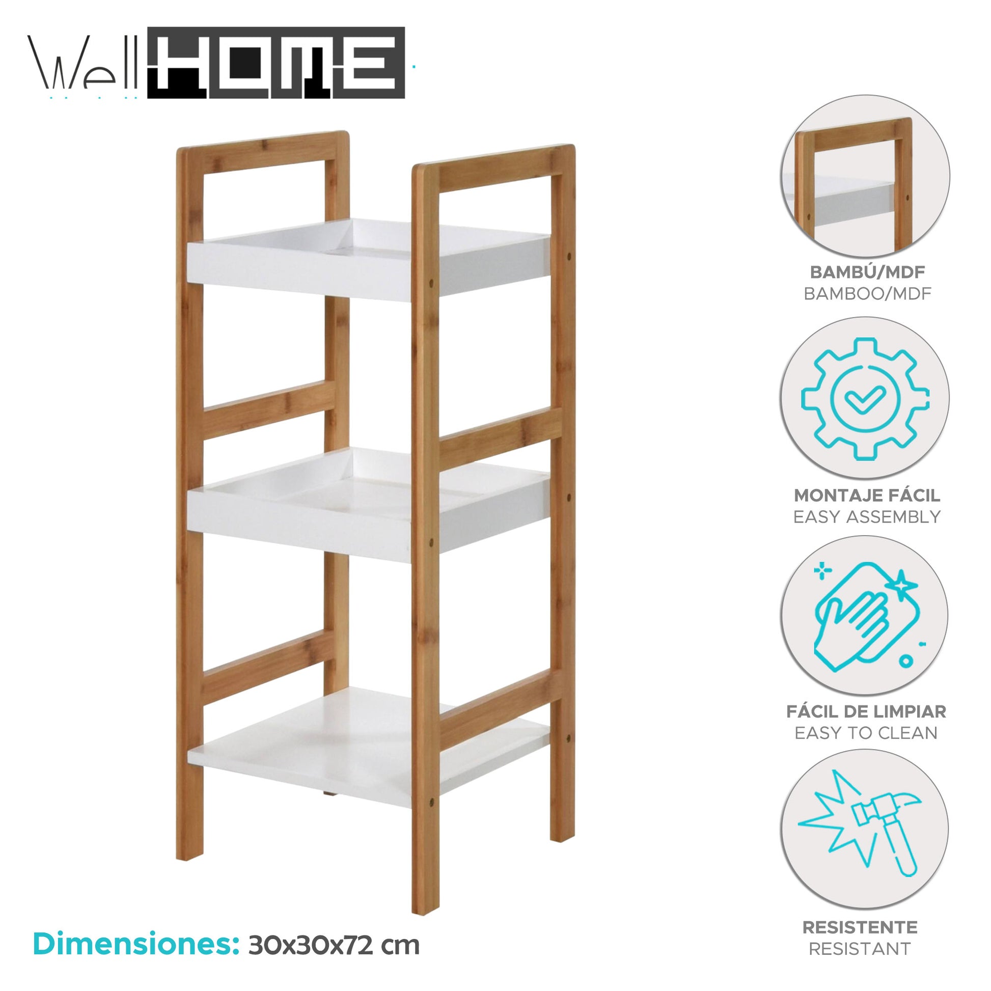 Well Home Estantería De Baño Con 3 Estantes En Mdf Y Patas De Bambú H.72cm_1
