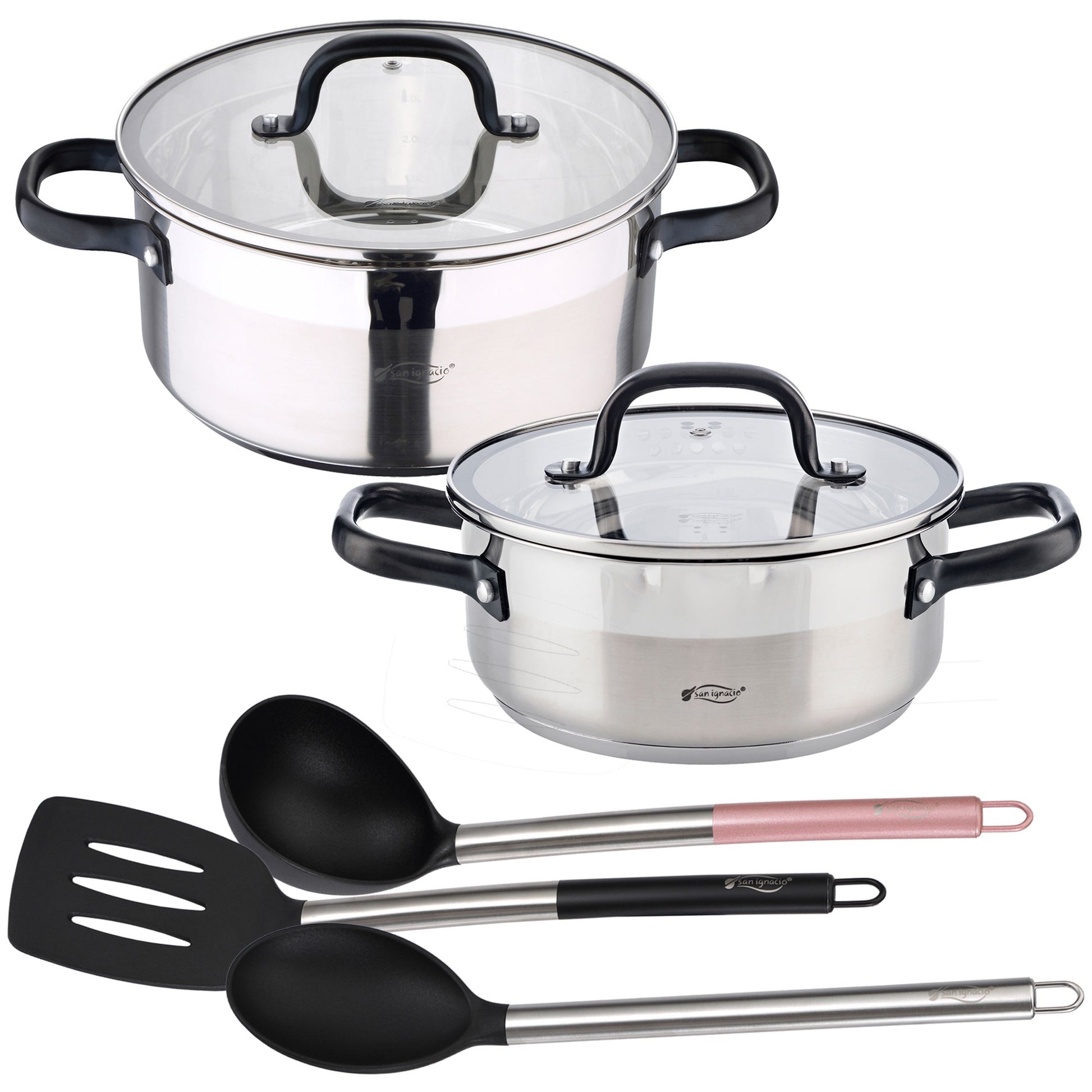 Set Cacerolas 20x8.5 Y 24x10.5 Cm Con Tapa, Acero Inoxidable, Aptas Para Inducción, Con Juego 3 Utensilios De Cocina Nylon San Ignacio Vita_0