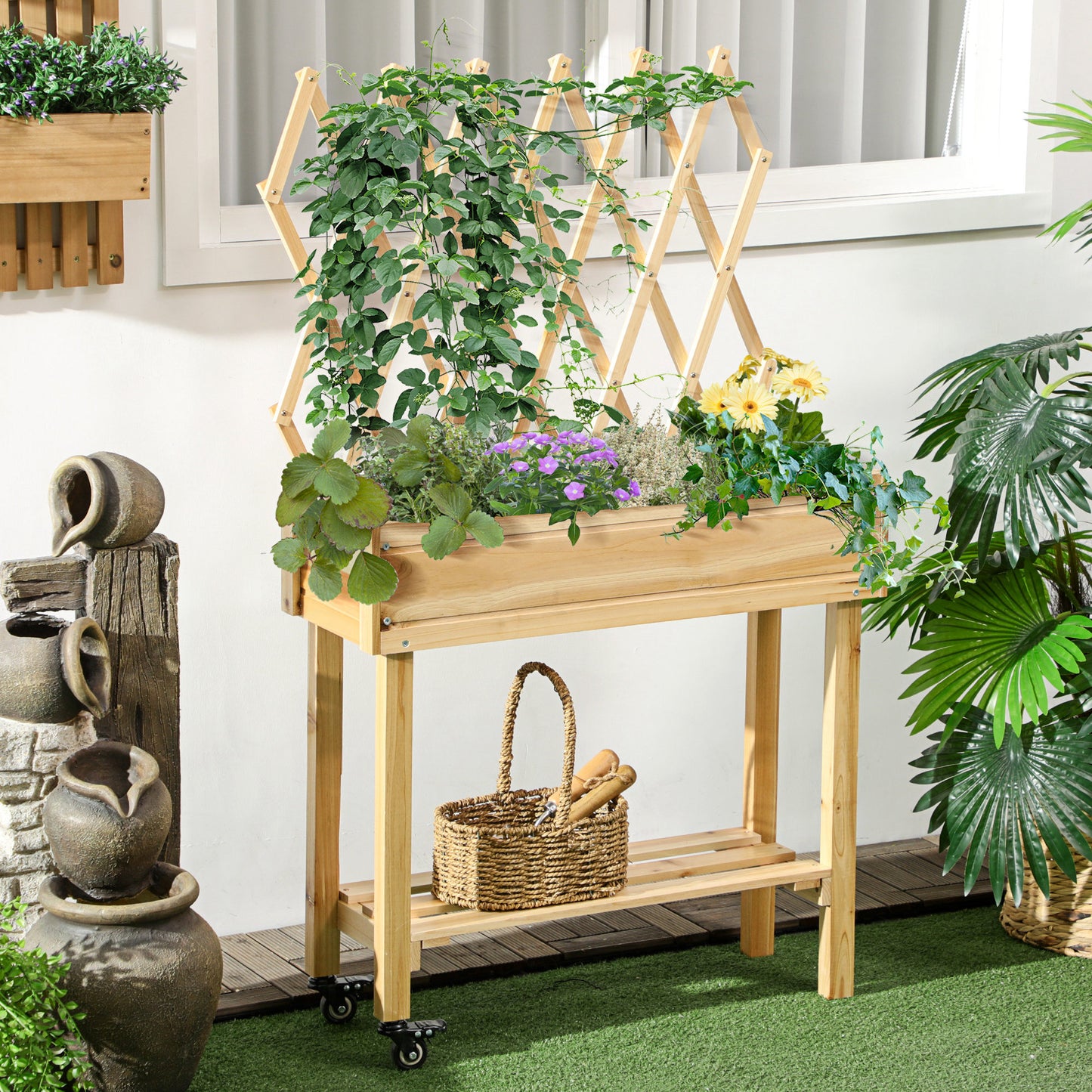 Outsunny Huerto Urbano Elevado De Madera Con Ruedas Enrejado 79x29x130cm Natural_1