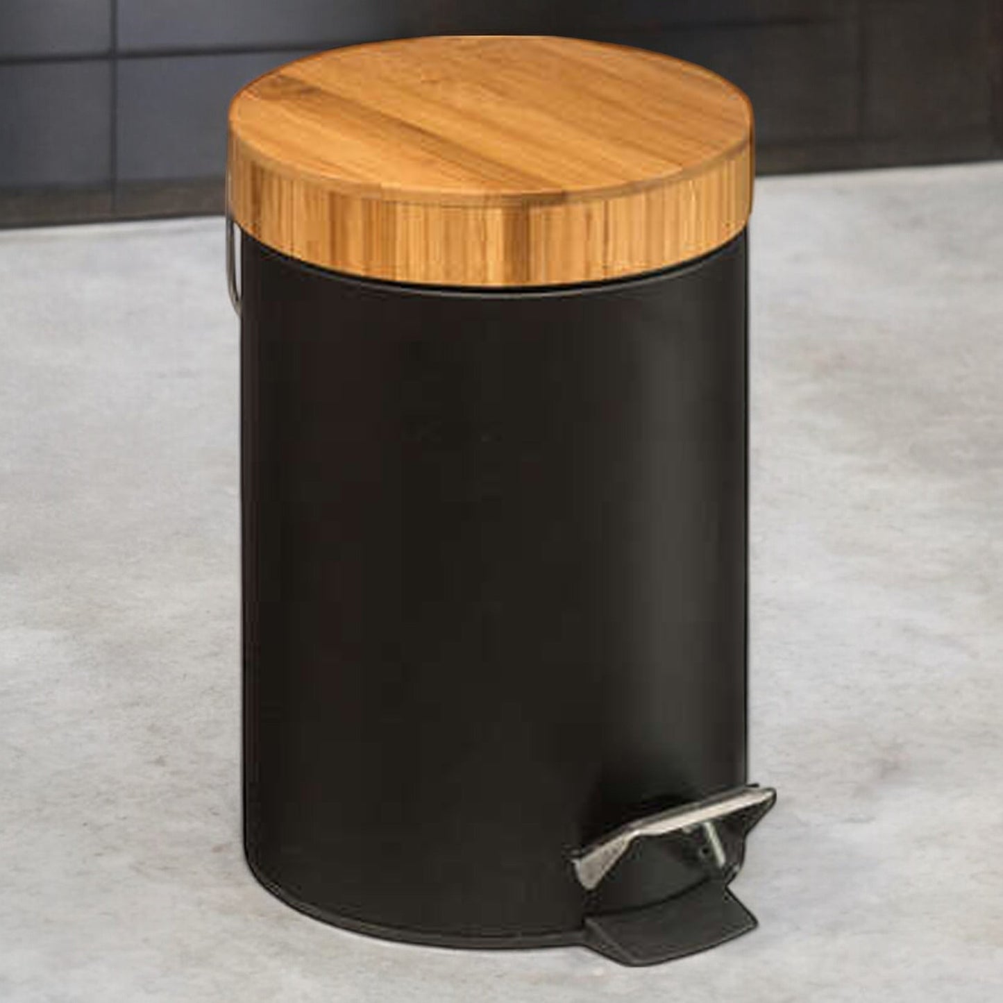 Well Home Cubo Pedal 3l En Metal Y Bamboo Color Negro Ø25,5cm_5