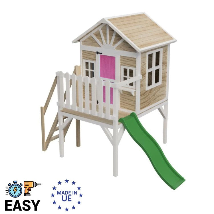 Casita Infantil De Madera Por Paneles Masgames Visby Elevada 90 Cm Rosa._0