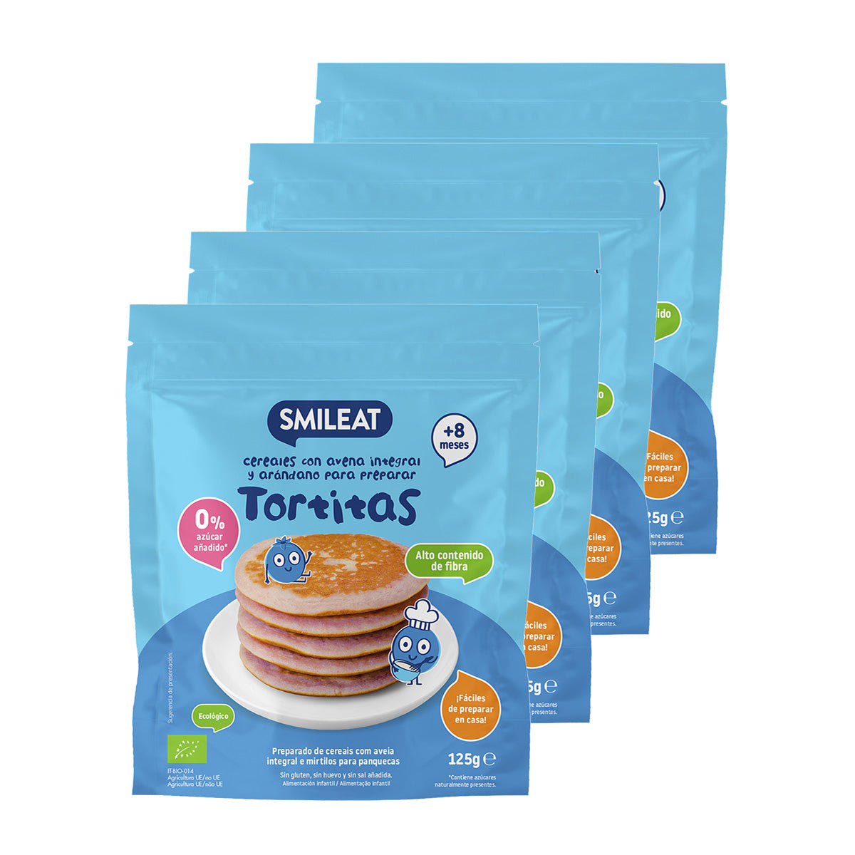 Embalagem de 4 misturas orgânicas de aveia integral e mirtilo para panquecas, Smileat, 125 g