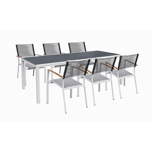 Magnolia Conjunto De Comedor De Exterior 6 Sillones + 1 Mesa De Cristal, Acero Y Texaline_0